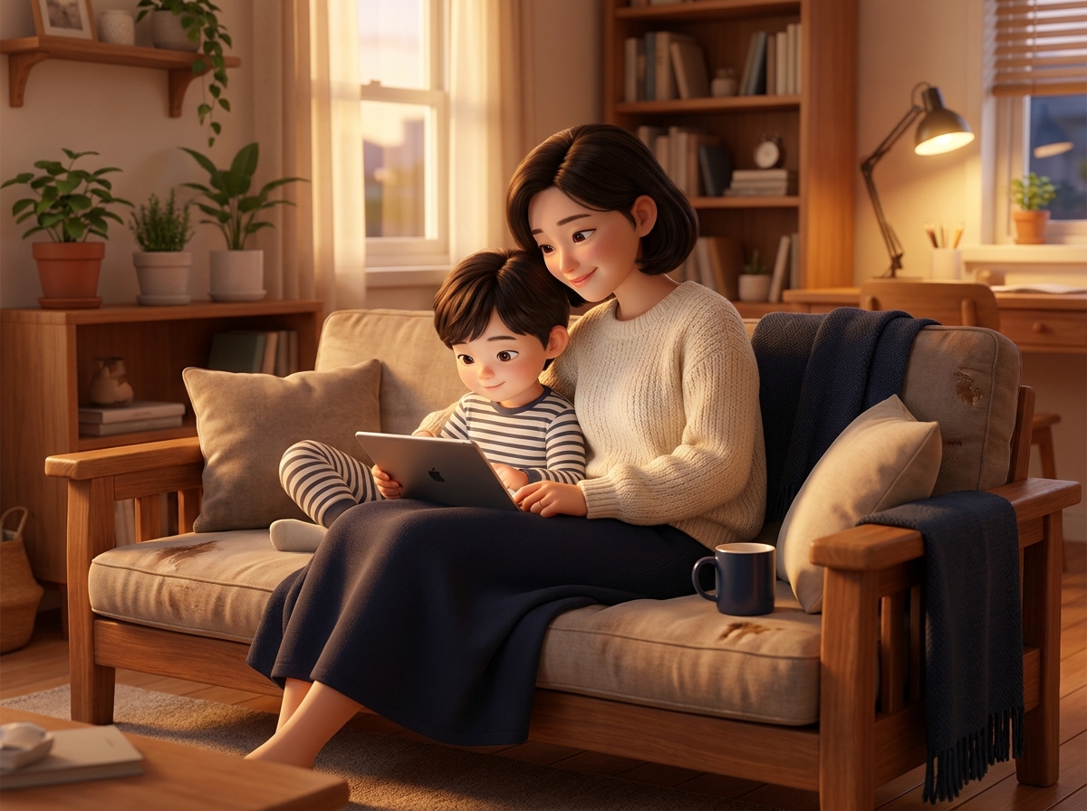 거실에서 엄마와 함께 태블릿을 보는 아이